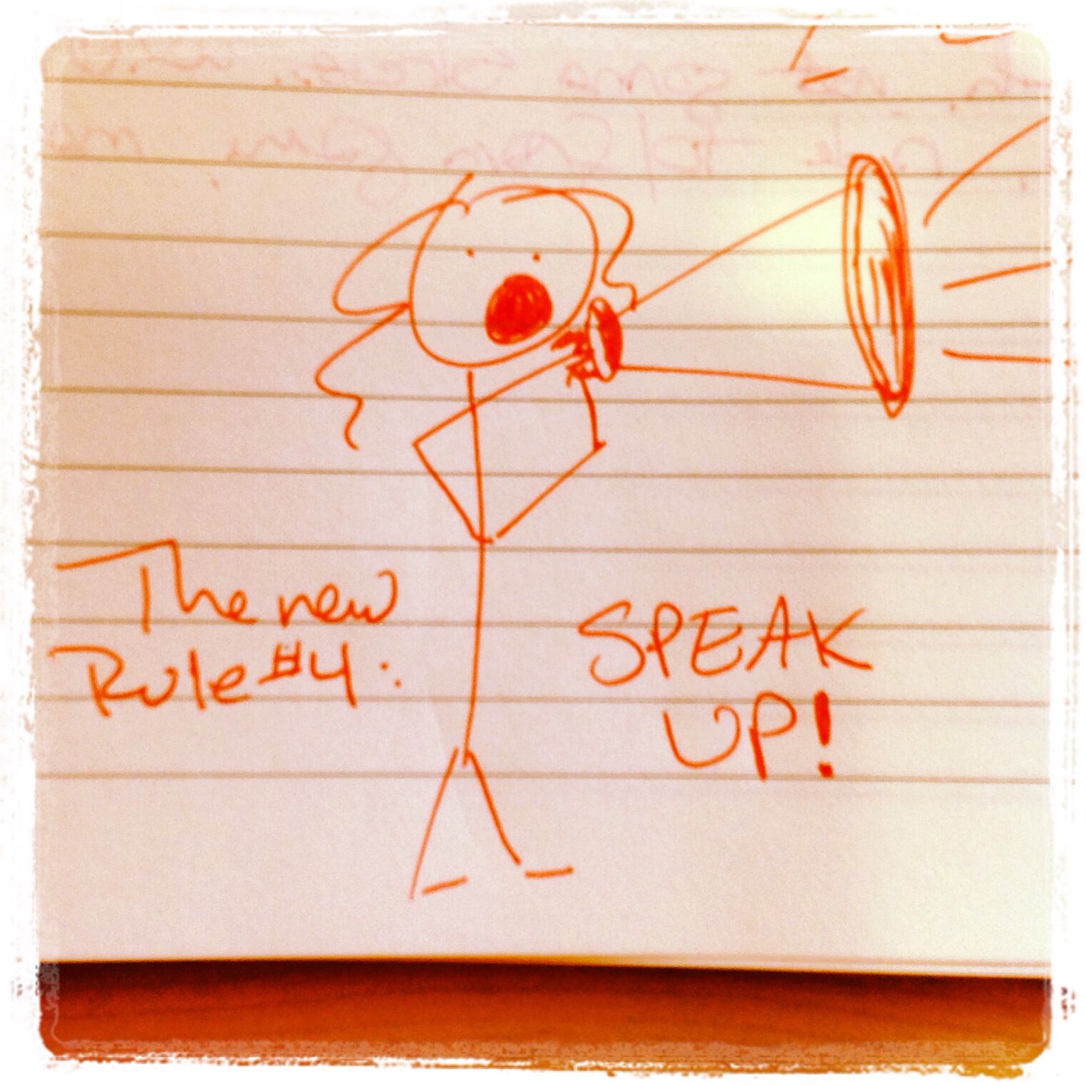 Stick-figure doodle of my alter ego Curly Girl shouting into a megaphone. Handwritten caption reads "The new Rule #4: SPEAK UP!" From a posting in 2014 about my "Personal Rules."