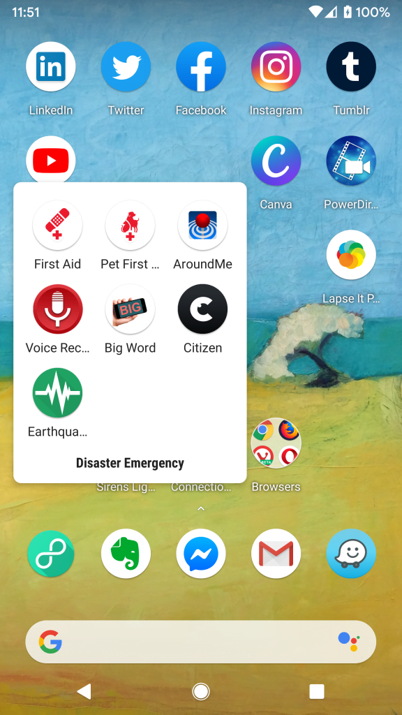 Screenshot of my phone with a folder expanded called Disaster Emergency containing several of the apps listed in the article