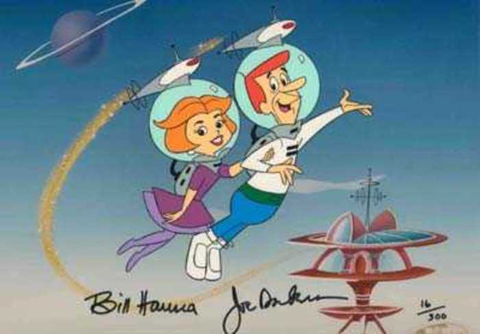 Animation cel of Mr. and Mrs. Jetson soaring through the air with jetpacks on their backs and their heads encased in glass bubbles