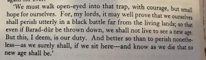 Sepia photograph of a paragraph from Lord of the Rings Book 3: "We must walk open-eyed into that trap, with courage, but small hope for ourselves. For, my lords, it may well prove that we ourselves shall perish utterly in a black battle far from the living lands; so that even if Barad-dur be thrown down, we shall not live to see a new age. But this, I deem, is our duty. And better so than to perish nonetheless - as we surely shall, if we sit here - and know as we die that no new age shall be."