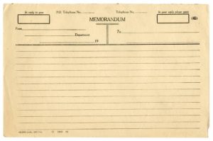 An old, creased, company memorandum form from 1940, with all identifying details removed.