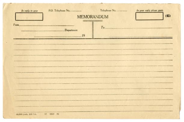 An old, creased, company memorandum form from 1940, with all identifying details removed.