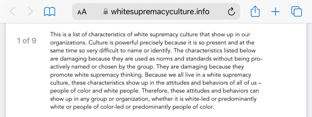 Screenshot of an introductory paragraph from Tema Okun's 1999 article on White Supremacy Culture