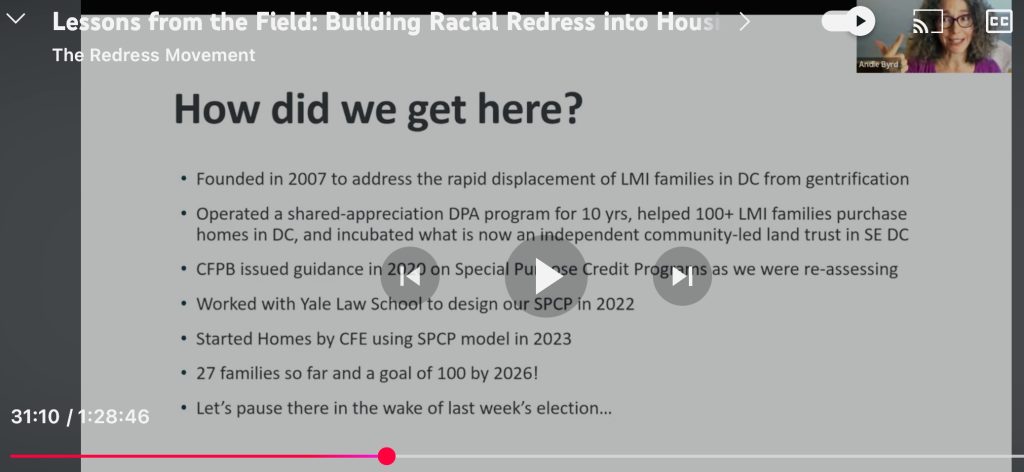 Screenshot of Youtube video recording of me speaking on a webinar entitled "Lessons from the Field: Building Racial Redress into Housing"