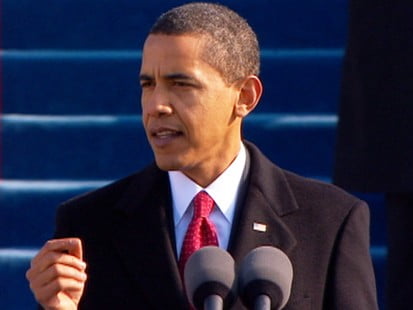 President Barack Obama delivering his first inaugural address on 1/20/09