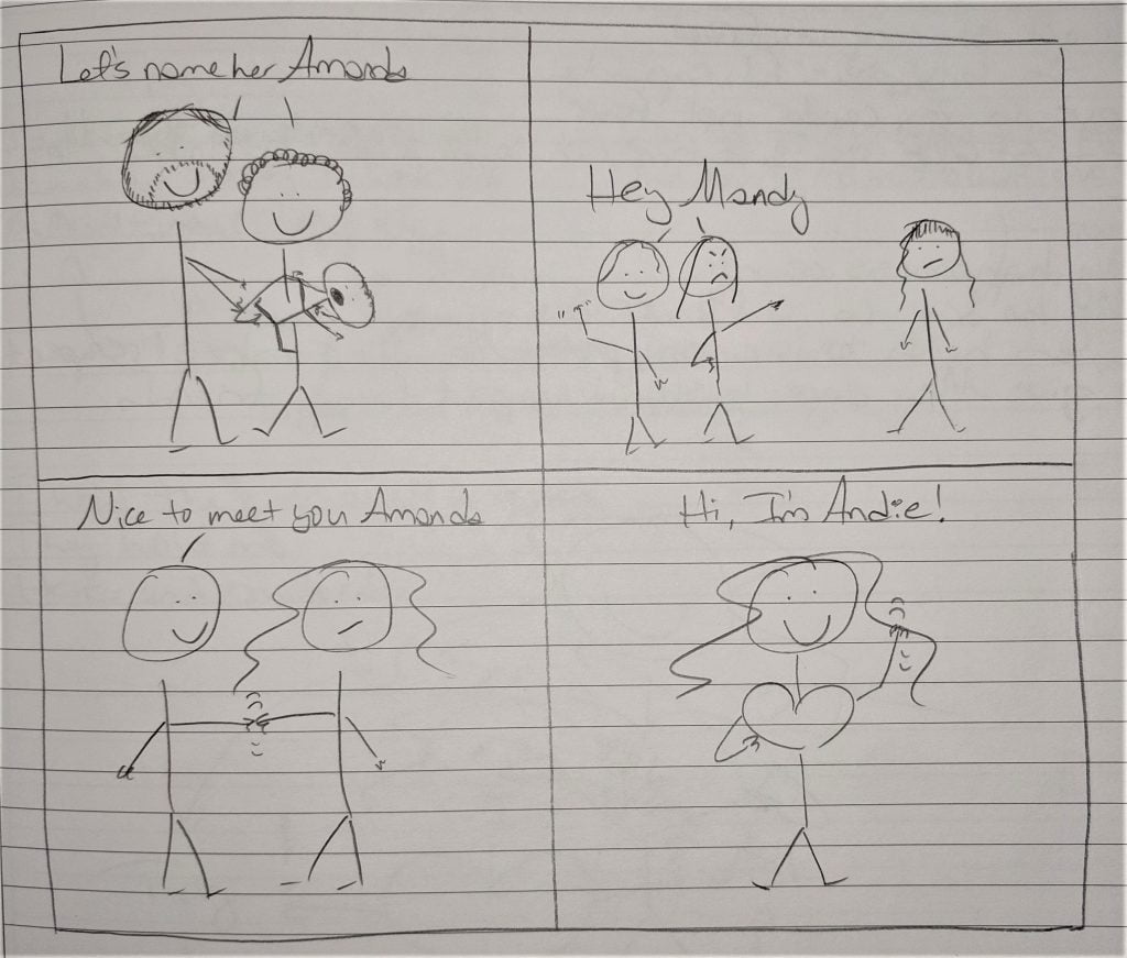 pencil drawing of stick figures showing Amanda as baby, Mandy as child, Amanda as adult, and now happy Andie