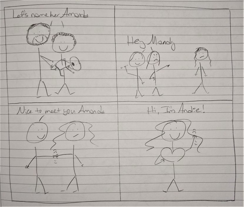 pencil drawing of stick figures showing Amanda as baby, Mandy as child, Amanda as adult, and now happy Andie