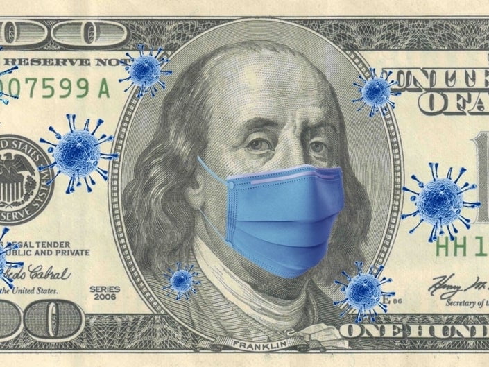 Image of a $100 bill with Benjamin Franklin wearing a blue surgical mask and big blue coronavirus images splattered all over it.