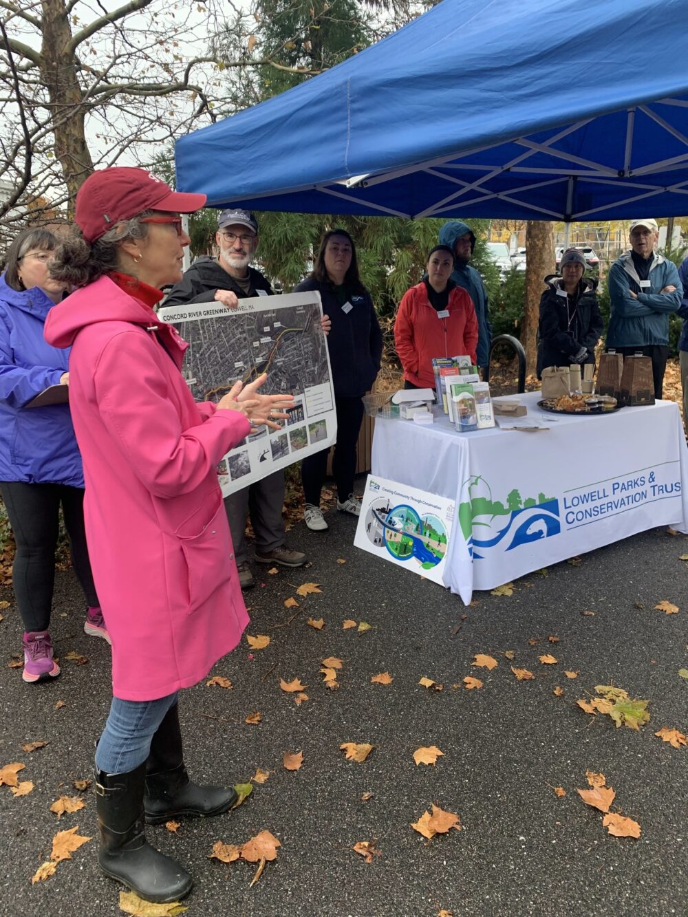 In my pink raincoat, speaking at a recent Lowell Parks & Conservation Trust riverwalk about how much I ❤️ this organization