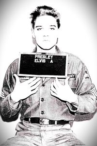 Elvis Presley's black and white Army enlistment photo, with the contrasts and shadows amped up so details are lost and Elvis is very, very white.