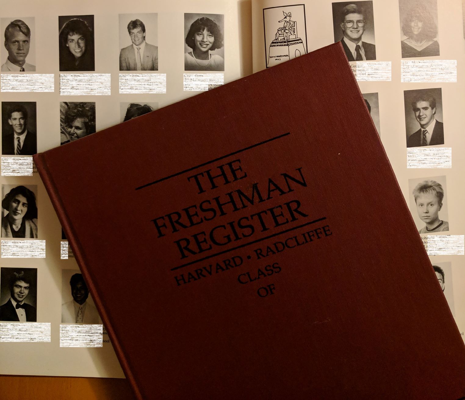 Image of Harvard Radcliffe Freshman Register showing book cover and inside pages with photos of students where names and addresses have been redacted.