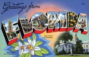 vintage postcard saying Welcome to Florida