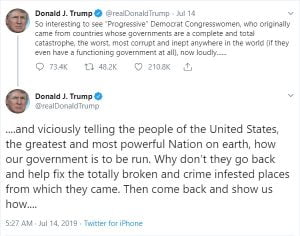 @realdonaldtrump tweets telling congresswomen to "go back" to the places they are from