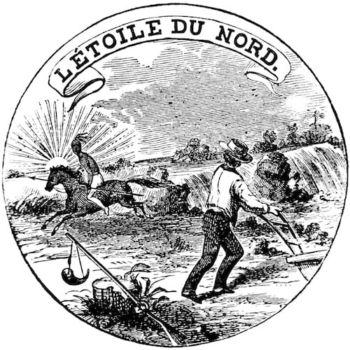 The Minnesota State Seal, 1858: Motto saying "L'Etoile du Nord" or Star of the North, showing a Native American riding into the sunset on a horse while a white settler plows a field. 