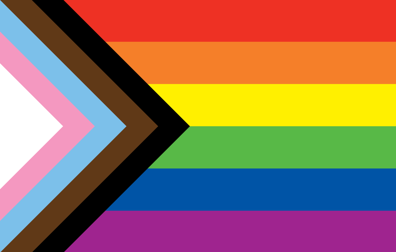 The Progress Pride flag, featuring horizontal rainbow stripes with triangular white, pink, light blue, brown, and black stripes at left.