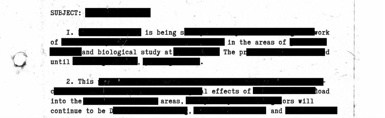 A blurry black-and-white image of a typed memo with most of the words blocked out by bars of solid black redacting the text so it's incomprehensible.