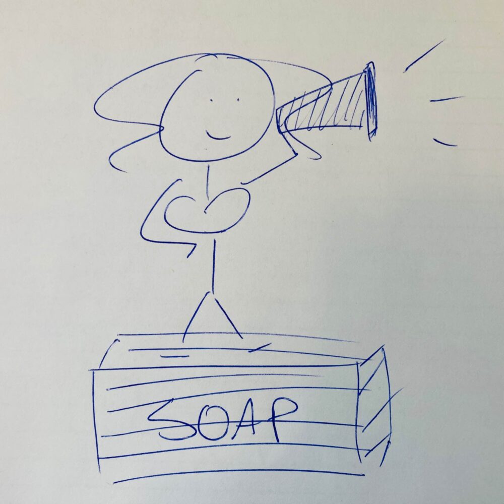 Stick-figure doodle of my alter ego Curly Girl. She is holding a megaphone and standing on a wooden box labeled SOAP.