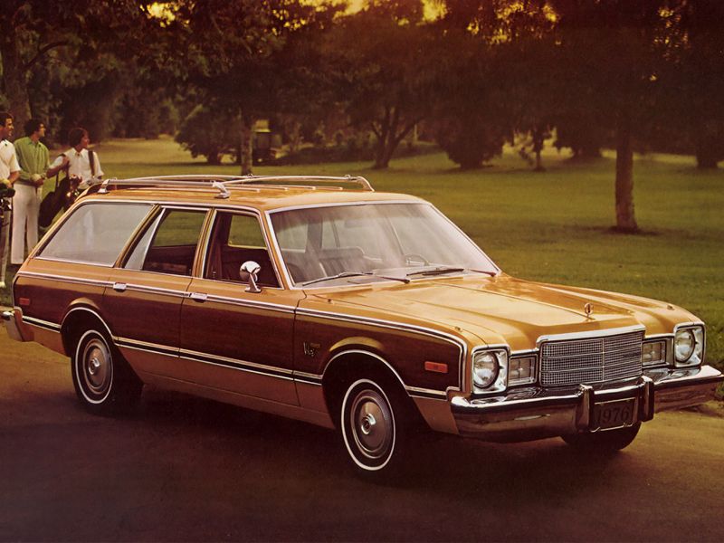 Vintage photo of a 1976 Plymouth Volare station wagon with wood paneling